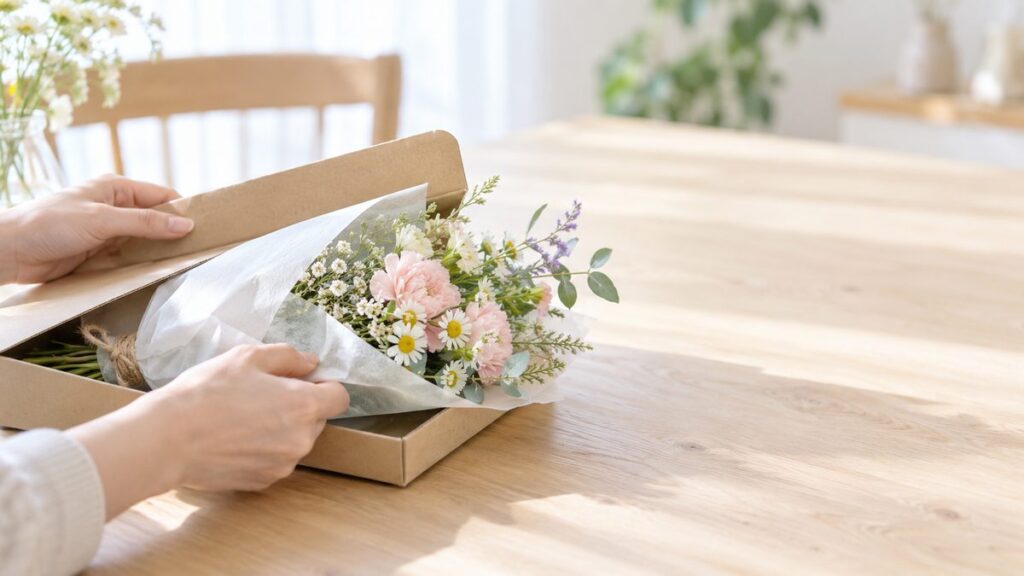 ポストに届いたお花の定期便の箱を開けているところ