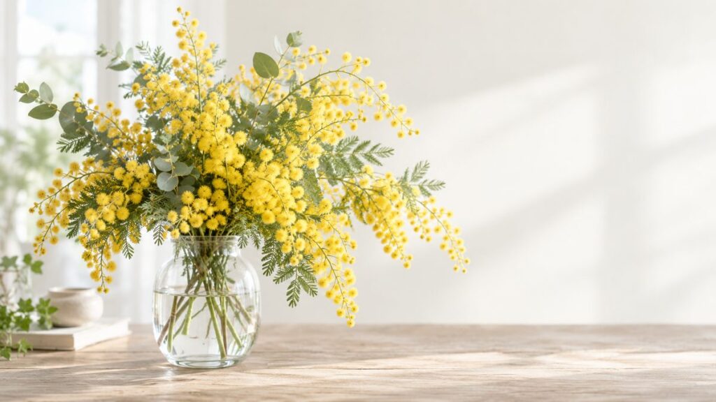 ガラスの花瓶に活けた黄色いミモザの花束