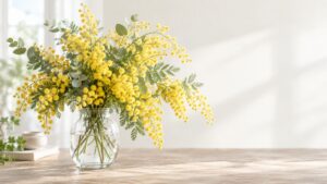 ガラスの花瓶に活けた黄色いミモザの花束